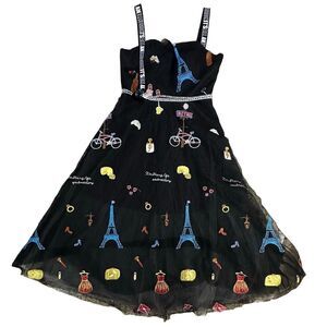 Whimsigoth Artsy Parisian France Black Mesh Tulle Embroidery Midi Dress Small